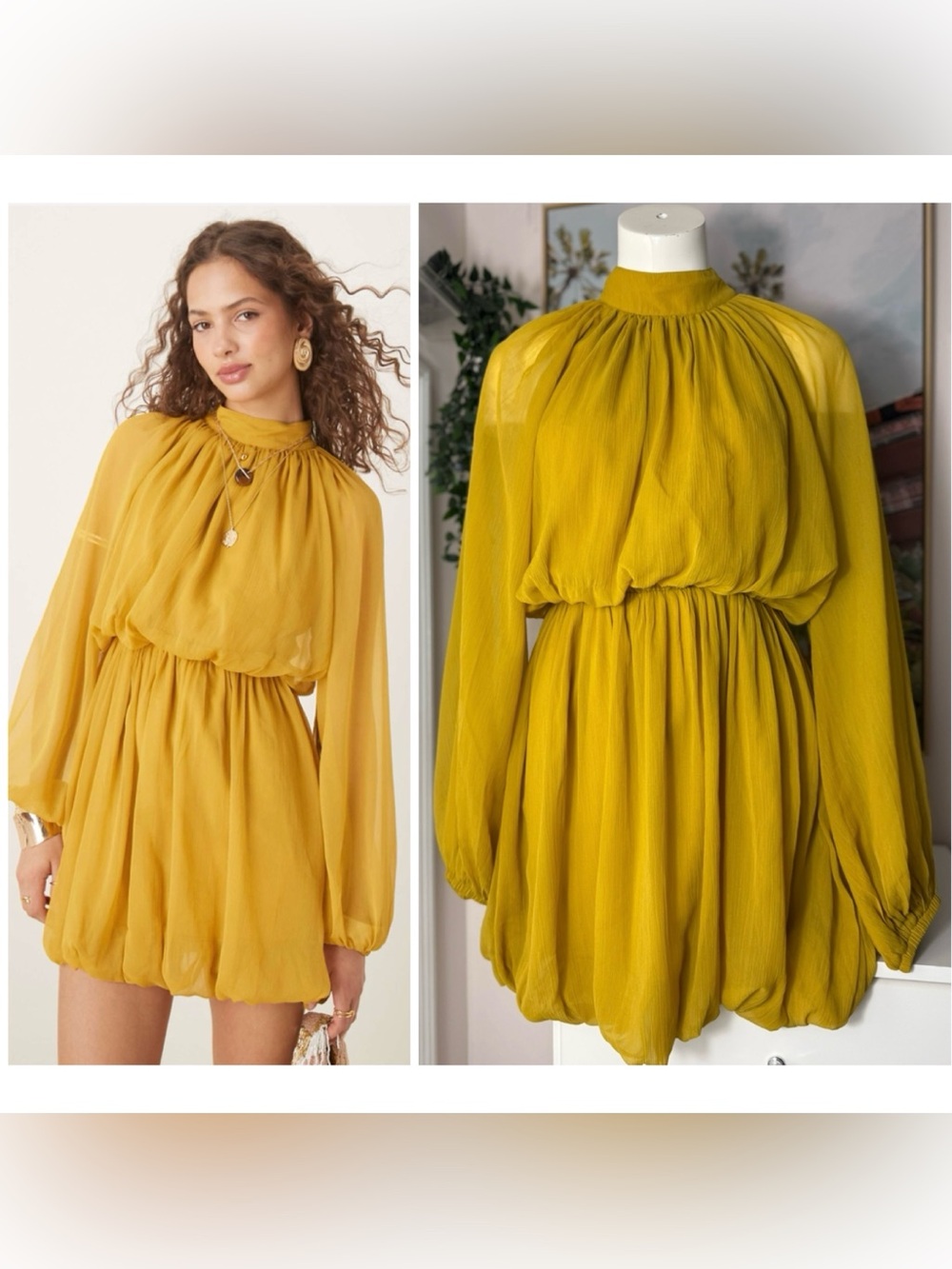 ASOS Mustard Yellow Mini Dress Blouson Long Sleeve Bubble Skirt Size 6 Medium